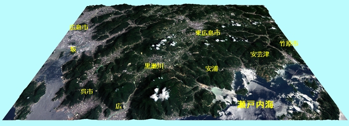 東広島市周辺 (全体) の3D (JPG画像: 地名等入り)