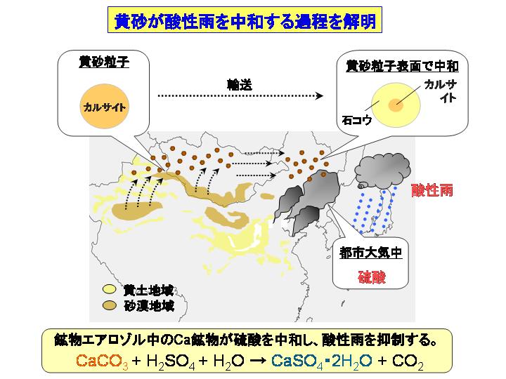 黄砂が酸性雨を中和する過程を解説した図