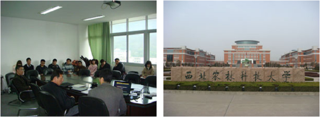 左:四川農業大学動物栄養学研究所でのセミナー 右:西北農林科技大学の南キャンパス正門