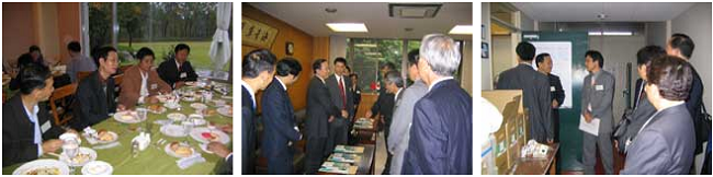 左:昼食会(広島エアポートホテル) 中央:研究科長室にて 右:研究科見学
