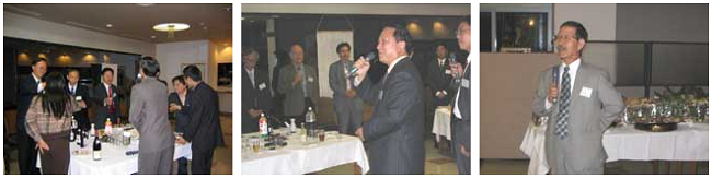 左:歓迎レセプション 中央:文心田学長の挨拶 右:山本義雄前研究科長の挨拶