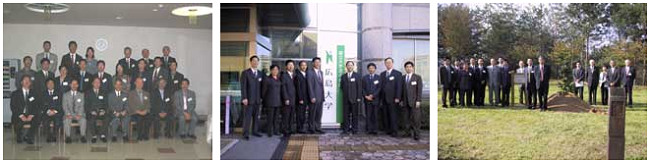 左:歓迎レセプション 中央:広島大学本部前にて 右:記念植樹