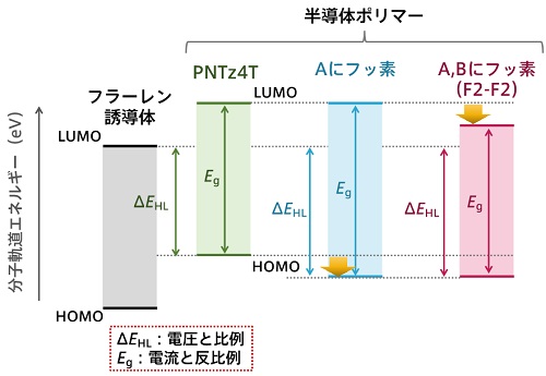 半導体ポリマーとフラーレン誘導体における分子軌道（HOMOとLUMO）が持つエネルギー準位の関係