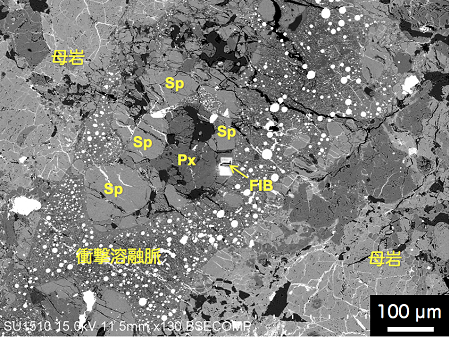 図4　テンハム隕石中の衝撃溶融脈の走査電子顕微鏡写真