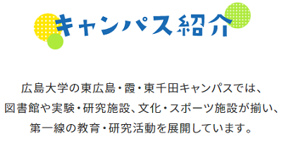 広島大学の東広島・霞・東千田キャンパスでは、図書館や実験・研究施設、文化・スポーツ施設が揃い、第一線の教育・研究活動を展開しています。