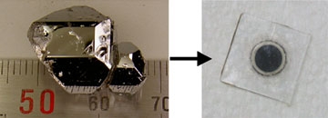 １．I型クラスレート化合物（化学式Ba8Ga16Sn30）の結晶と研磨による薄体化（写真）