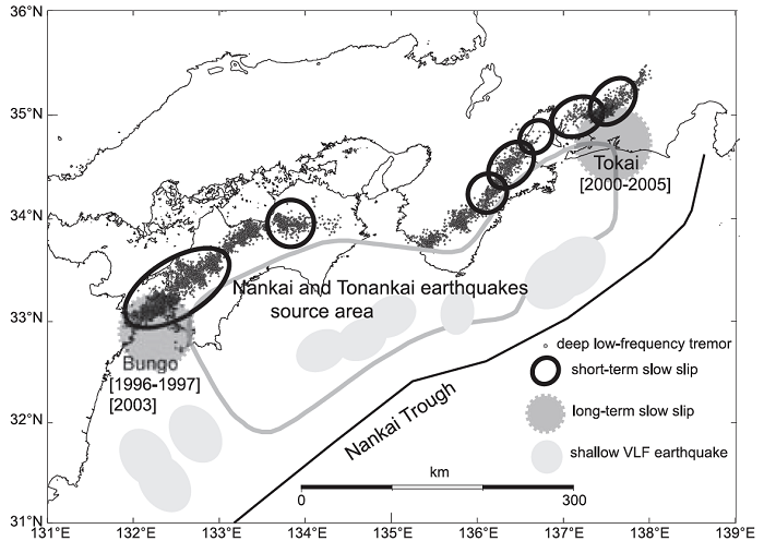 図1：西南日本におけるゆっくり地震の分布（小原2007）