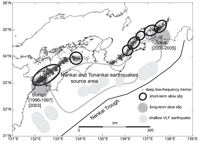 図1:西南日本におけるゆっくり地震の分布(小原2007)