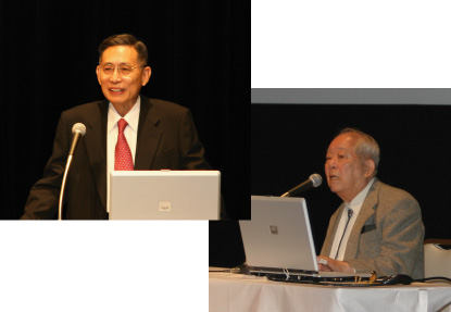 牟田学長（左）と小柴昌東京大学特別栄誉教授（右）