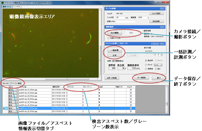 図６　アスベスト自動計測ソフトウエア操作画面