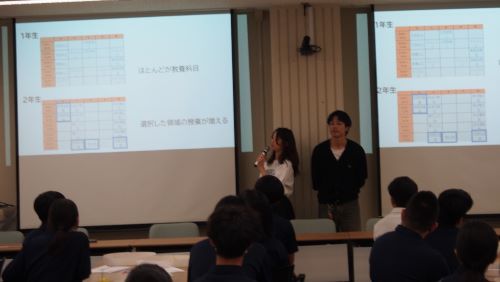 大学生活の紹介を行うTAの三阪さんと郷原さん