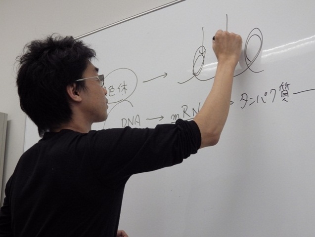 写真:研究の説明をする河内さん