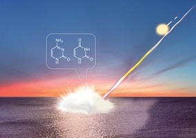 図1: 隕石の海洋衝突による核酸塩基生成の模式図