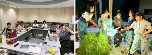 夏合宿の様子　(左)読書会と(右)花火