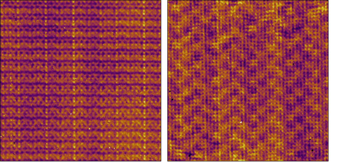 The arrangement of electrons is shown in the material CeTe3 at atomic resolution.
