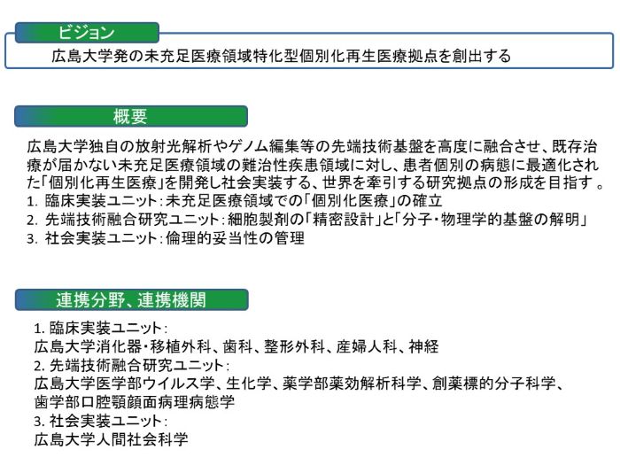広島大学細胞・再生医療フロンティア融合拠点(概要1)