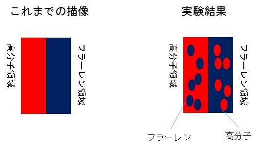 従来考えられていた接合状態（左）と本研究結果でわかった分子混合による構造（右）