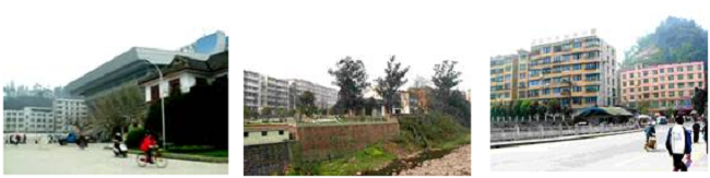 左:四川農業大学中央広場と体育館 中央:四川農業大学講義棟 右:四川農業大学学生宿舎