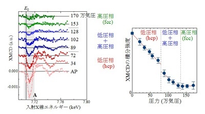  図3  XMCDのスペクトル（左）とその積分強度（右）の圧力変化