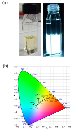 図2　(a)Si量子ドット溶液の写真、(b)発光のCIE図