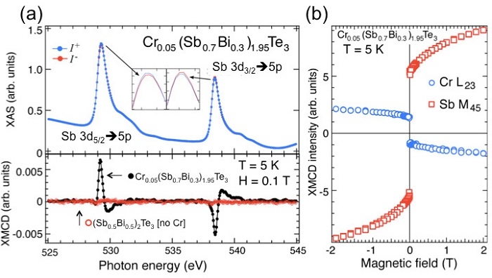 図3：(a)アンチモン（Sb）の内殻吸収スペクトルと(b)Cr、Sbの元素別磁化曲線