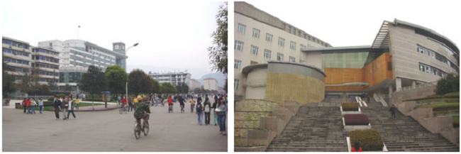 左:大学構内の風景 右:図書館