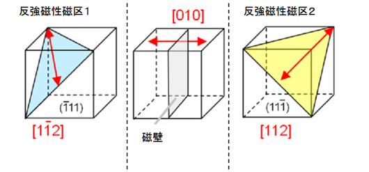 (a) 酸化ニッケルに存在する磁壁の1種、｛001｝T-wallの模式図