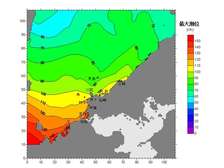 山口県北部海岸での最大潮位（シミュレーション結果）