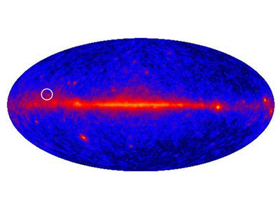 Fermi衛星がガンマ線で輝く新しいパルサーを発見。丸印が発見したパルサーの位置。