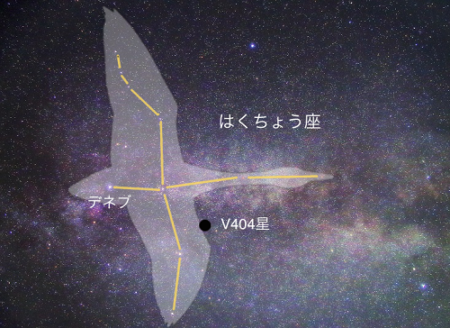 はくちょう座とその中のブラックホール連星V404星の場所を表す