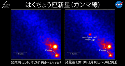 図 1:フェルミ衛星によるはくちょう座新星(はくちょう座V407)の1億電子ボルト以上のエネルギーのガンマ線による画像