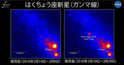 図 1：フェルミ衛星によるはくちょう座新星（はくちょう座V407）の1億電子ボルト以上のエネルギーのガンマ線による画像