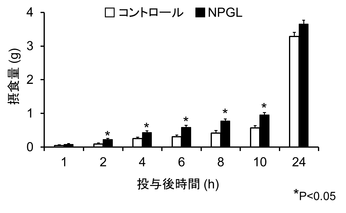 マウスの脳内にNPGLを投与すると投与後2時間から10時間までの累積摂食量が増加しました マウスの脳内にNPGLを投与すると投与後2時間から10時間までの累積摂食量が増加しました