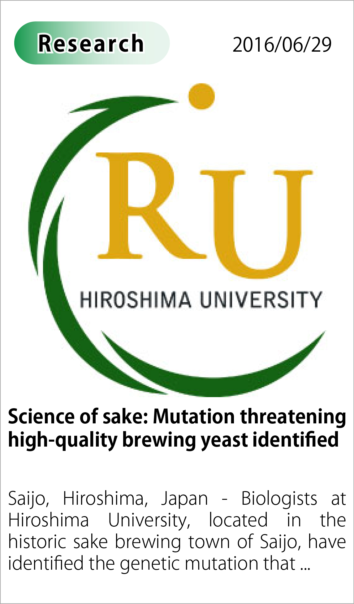 Science of sake: Mutation threatening high-quality brewing yeast identified