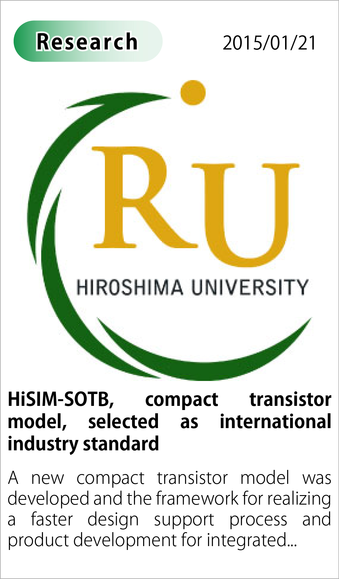 HiSIM-SOTB, compact transistor model, selected as international industry standard