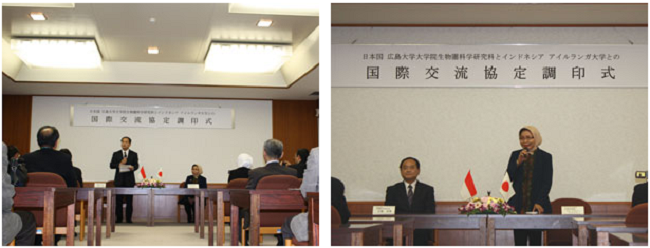 左:調印式での江坂研究科長の挨拶 右:Bendryman 水産海洋学部長の挨拶
